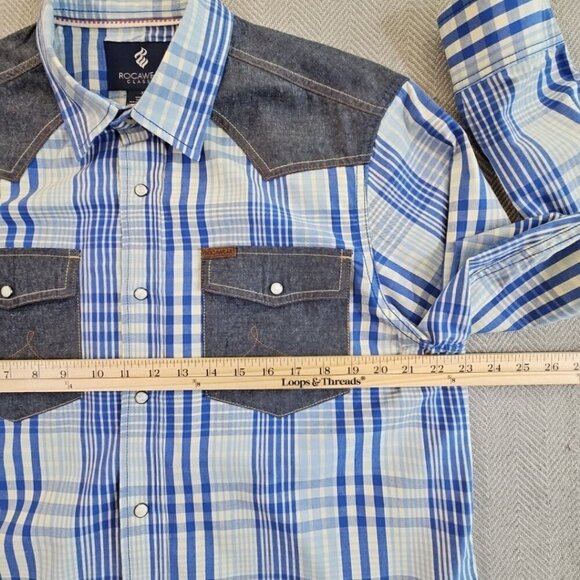 Rocawear Western Shirt Men's XL Blue Plaid Pearl Snap Denim Patches Classic EUC - Picture 7 of 12